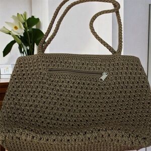 Lina Taupe Crochet Shoulder Bag Woven Boho Handbag Neutral Tote